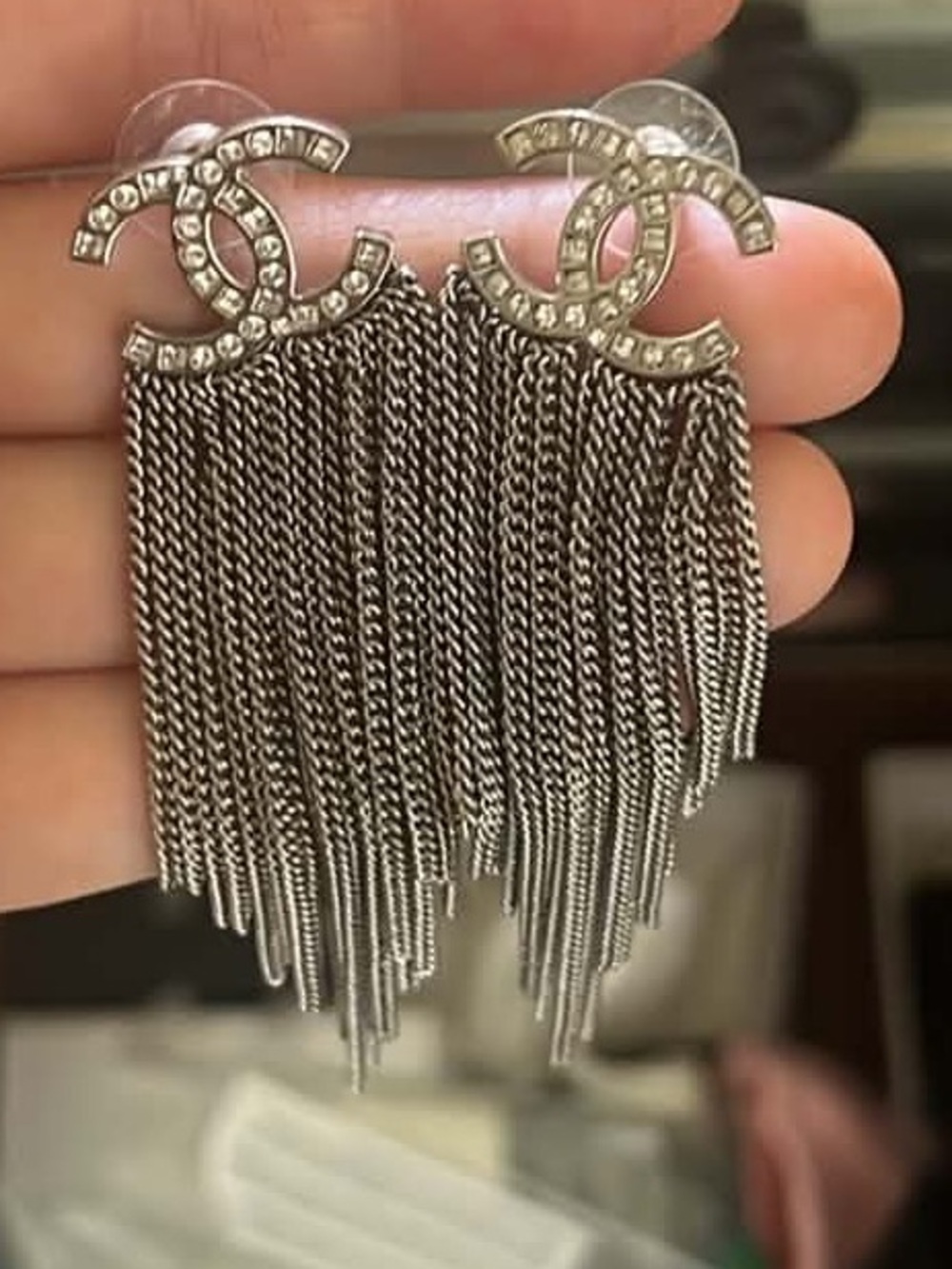 CHANEL Silver CC Fringe Chain Drop Earrings
